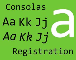 Sample text in Consolas font, an angular sans-serif font, with several letters of the alphabet, a giant letter A, and the word 'Registration' spelt out, on a bright green background.