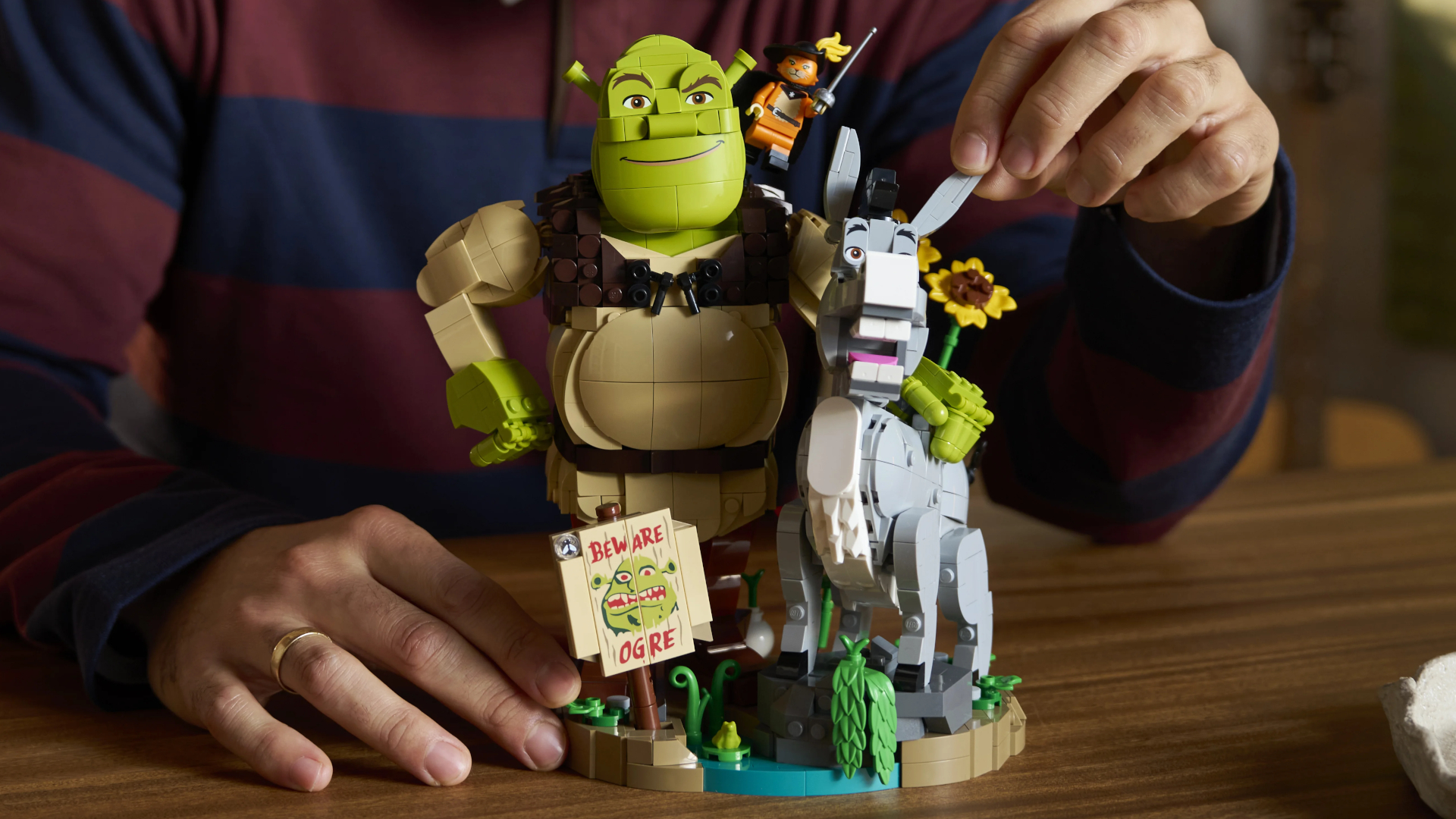 Hands rearrange parts of Lego Shrek, Donkey, &amp; Puss in Boots