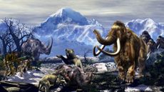 Illustration of a hunting scene with Pleistocene beasts including a mammoth against a backdrop of snowy mountains.