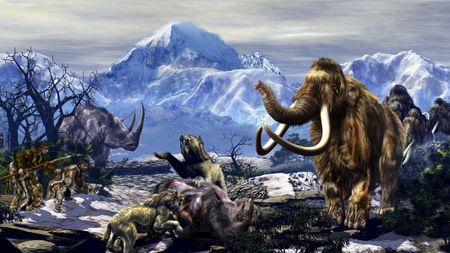 Illustration of a hunting scene with Pleistocene beasts including a mammoth against a backdrop of snowy mountains.