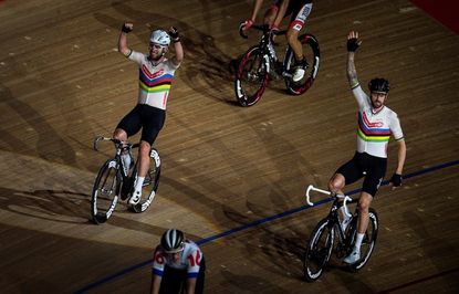 LONDON, ENGLAND - OCTOBER 29: Mark Cavendish and Bradley Wiggins celebrate winning the team elimination during the Six Day London Cycling at the Velodrome on October 29, 2016 in London, England. (Photo by Justin Setterfield/Getty Images)