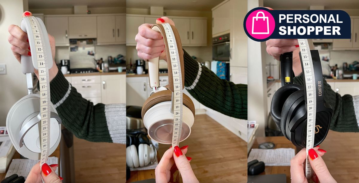 A trio of headphones being measured, with TechRadar&#039;s &#039;Personal Shopper&#039; franchise badge