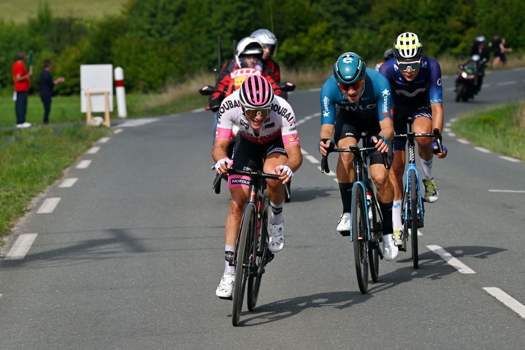 TRLISSAC FRANCE AUGUST 16 LR Kenny Molly of Belgium and Team Van Rysel Roubaix Lille Metropole Vinzent Dorn of Germany and Team BIKE AID and Johan Jacobs of Switzerland and Movistar Team compete in the breakaway during the 56th Tour du LimousinPerigord Nouvelle Aquitaine 2023 Stage 2 a 1856km stage from Excideuil to Trlissac on August 16 2023 in Trlissac France Photo by Dario BelingheriGetty Images
