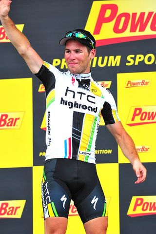 Mark Cavendish on the podium in Montpellier after winning stage 15 of the Tour de France.