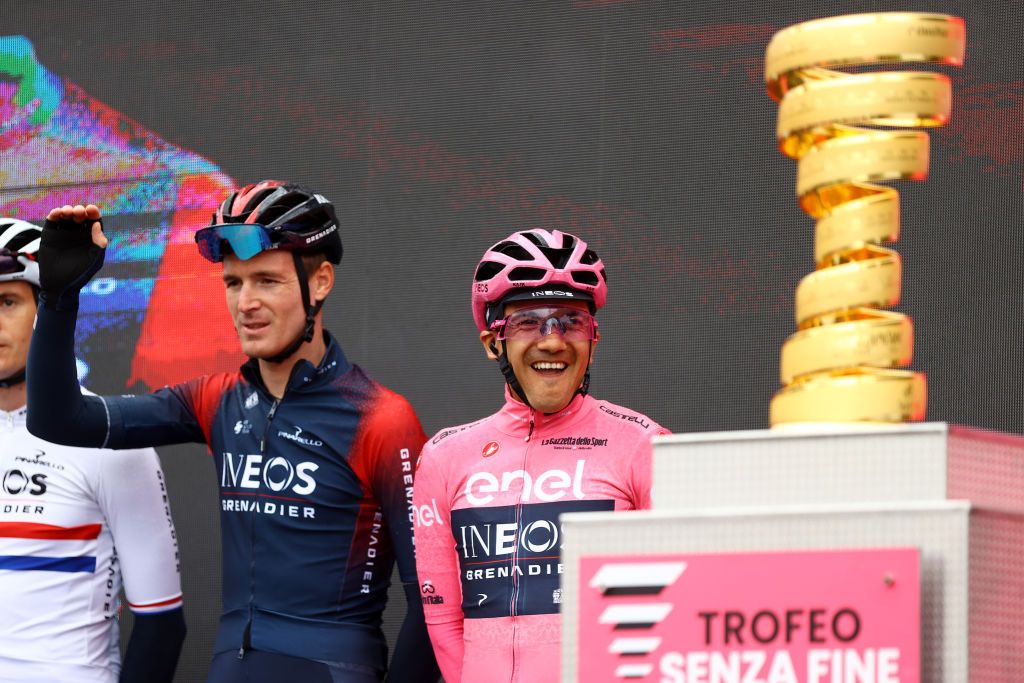 LAVARONE ITALY MAY 25 Richard Carapaz of Ecuador and Team INEOS Grenadiers pink leader jersey prior to the 105th Giro dItalia 2022 Stage 17 a 168 km stage from Ponte di Legno to Lavarone 1161m Giro WorldTour on May 25 2022 in Lavarone Italy Photo by Michael SteeleGetty Images