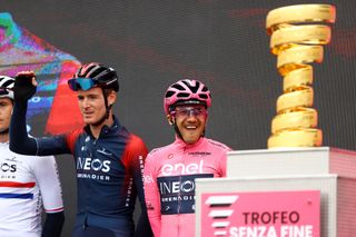 LAVARONE ITALY MAY 25 Richard Carapaz of Ecuador and Team INEOS Grenadiers pink leader jersey prior to the 105th Giro dItalia 2022 Stage 17 a 168 km stage from Ponte di Legno to Lavarone 1161m Giro WorldTour on May 25 2022 in Lavarone Italy Photo by Michael SteeleGetty Images