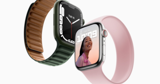 One pink Apple watch and one navy green on a white background