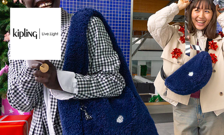 Kipling logo top left with a picture of two girls with blue furry shoulder bags