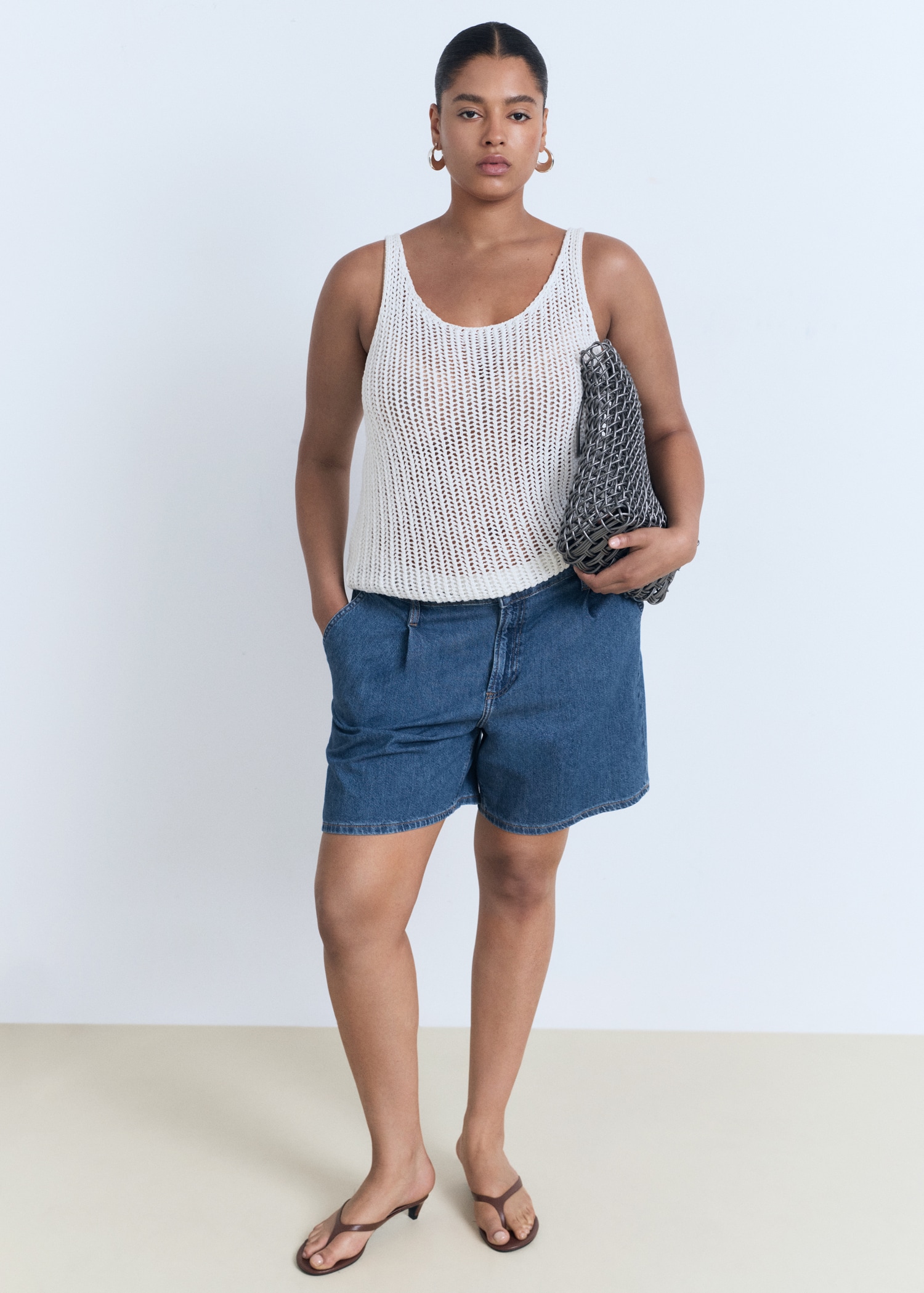 Mid-Rise Denim Bermuda Shorts With Pleats - Women | Mango United Kingdom
