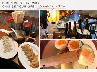 a collage of three images depicting the food and interior of a restaurant in Tokyo