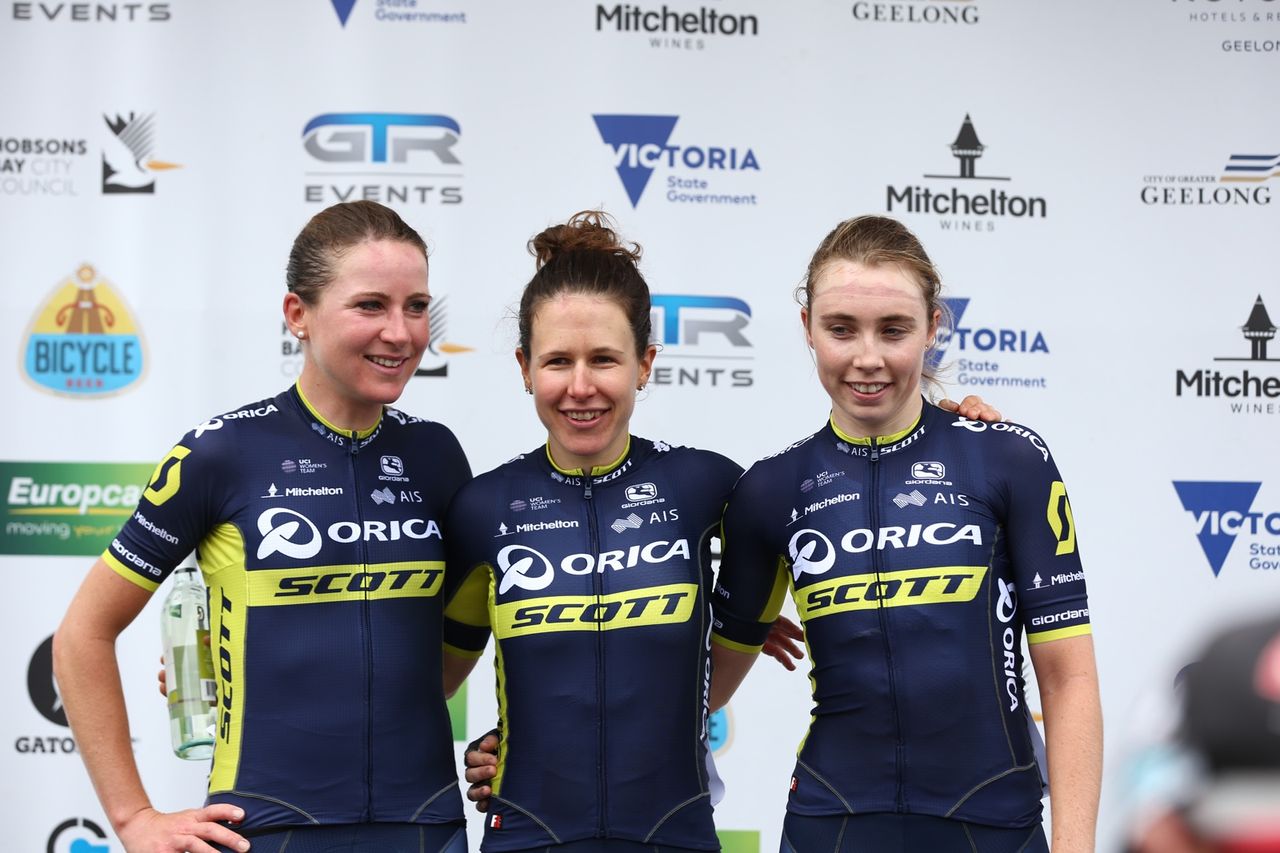 The Orica-Scott trio of Annemiek Van Vleuten, Amanda Spratt and Jenelle Crooks on the podium