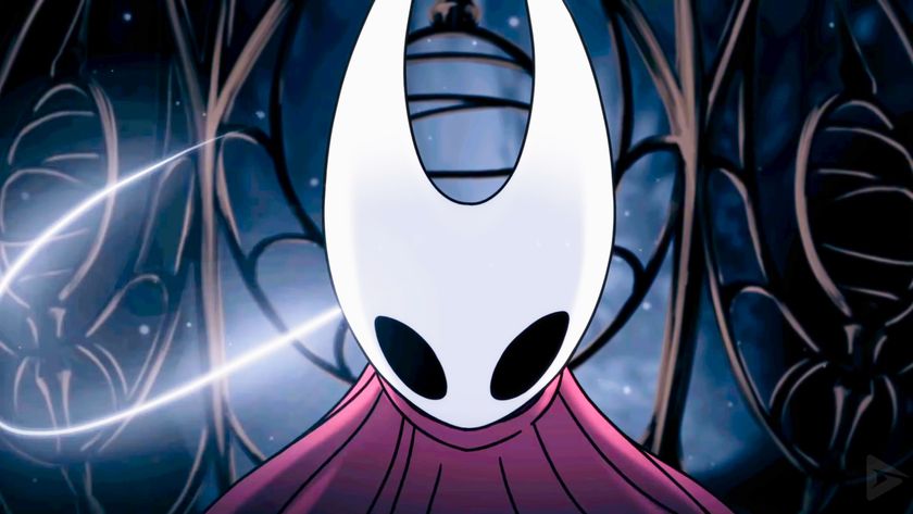 A screencap of Hollow Knight: Silksong&#039;s opening cutscene. A close-up shot of protagonist Hornet moments before she breaks out of a metal cage. Her curved white mask and red cloak are lit up as a glowing strand of silk surrounds her.