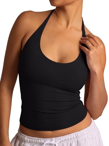 Reoria Women's Halter Tops Basic Tie Scoop Neck Tank Top Sexy Backless Double Lined Going Out Cute Summer Slim Fit Trendy Sleeveless Shirts Black