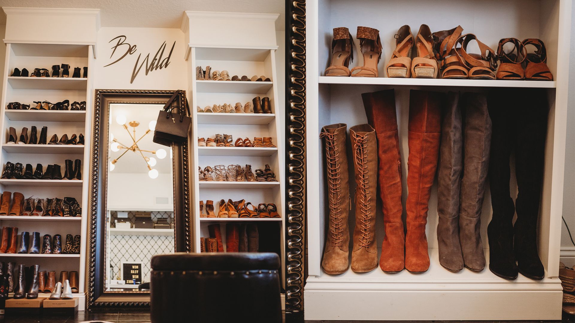 Organised shoe closet with tall mirror and seating area IKEA Billy bookcase hack