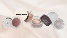 Four of the best cream eyeshadows featured in this guide from (left to right) MERIT, Jones Road, Charlotte Tilbury and Trinny London, set against a pink fabric effect background 