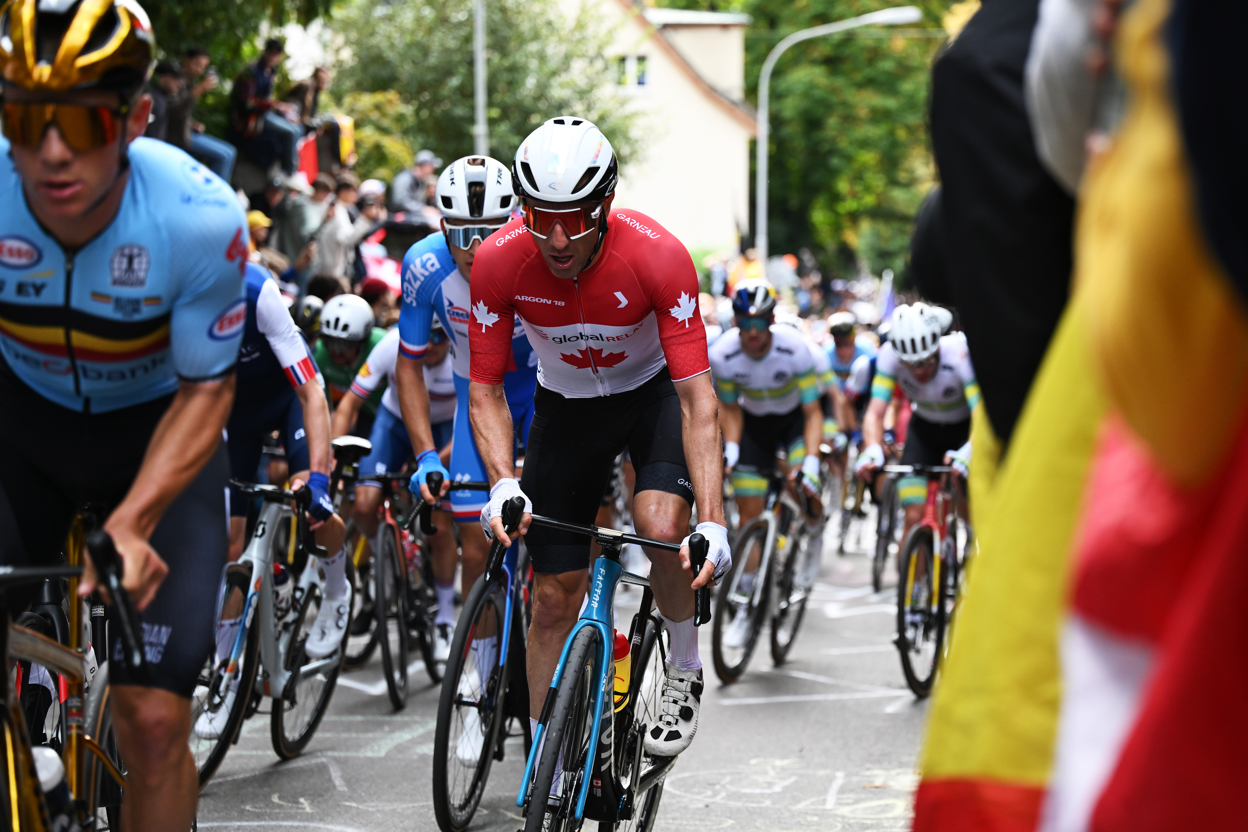 ZURICH, SWITZERLAND - SEPTEMBER 29: Michael Woods of Team Canada competes during the 97th UCI Cycling World Championships Zurich 2024, Men&amp;amp;apos;s Elite Road Race a 273.9km one day race from Winterthur to Zurich on September 29, 2024 in Zurich, Switzerland. (Photo by Tim de Waele/Getty Images)