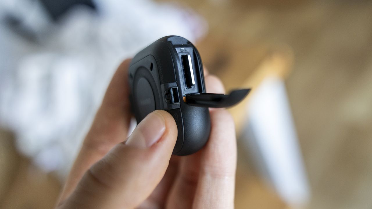 A close-up of the microSD card slot on the Insta360 GO Ultra