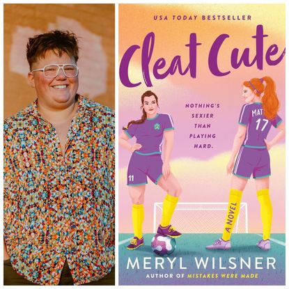 a split image of author meryl wilsner's headshot of them posing in a printed shirt by an orange wall and the cover of their romance novel cleat cute