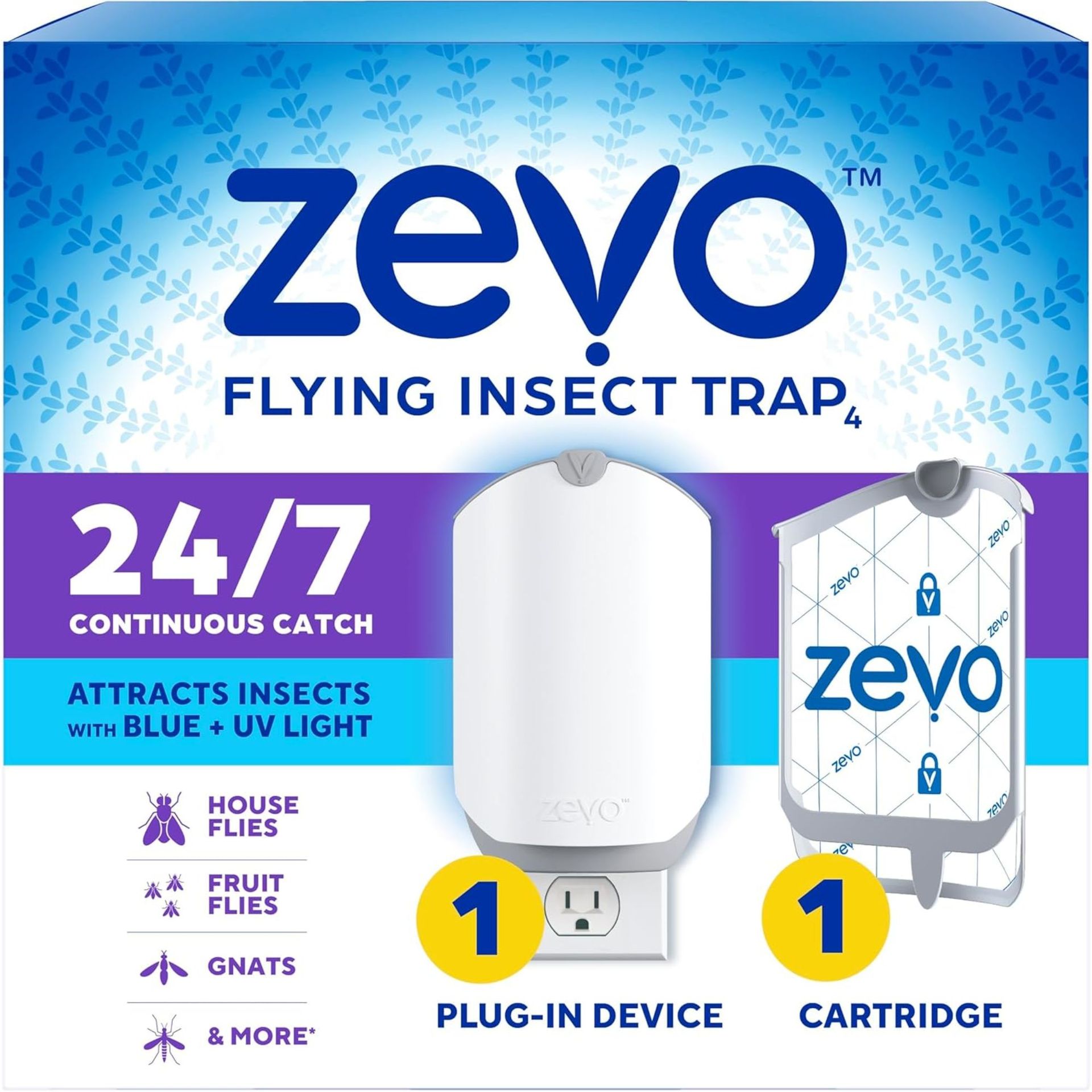 Zevo flying insect trap in a blue, white and purple box