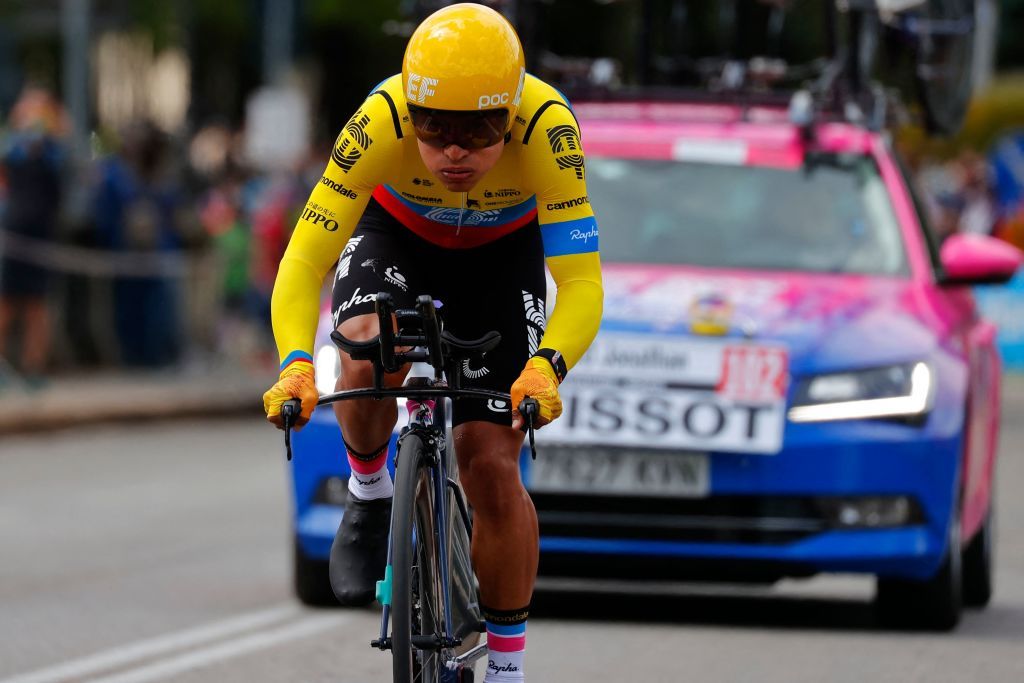 Team EF Education rider Ecuadors Jonathan Caicedo competes in the first stage of the Giro dItalia 2021 cycling race a 86 km individual time trial on May 8 2021 in Turin Photo by Luca Bettini AFP Photo by LUCA BETTINIAFP via Getty Images