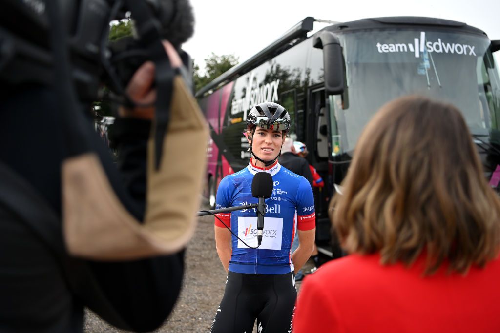 SOUTHEND ENGLAND OCTOBER 07 Demi Vollering of Netherlands and Team SD Worx Blue leaders jersey meets the media press prior to the 7th The Womens Tour 2021 Stage 4 a 1178km stage from Shoeburyness to SouthendonSea thewomenstour UCIWWT on October 07 2021 in Southend England Photo by Justin SetterfieldGetty Images