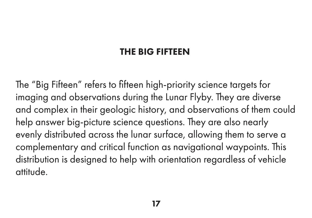 Artemis 2 Lunar Science Passport "Big Fifteen" info page.