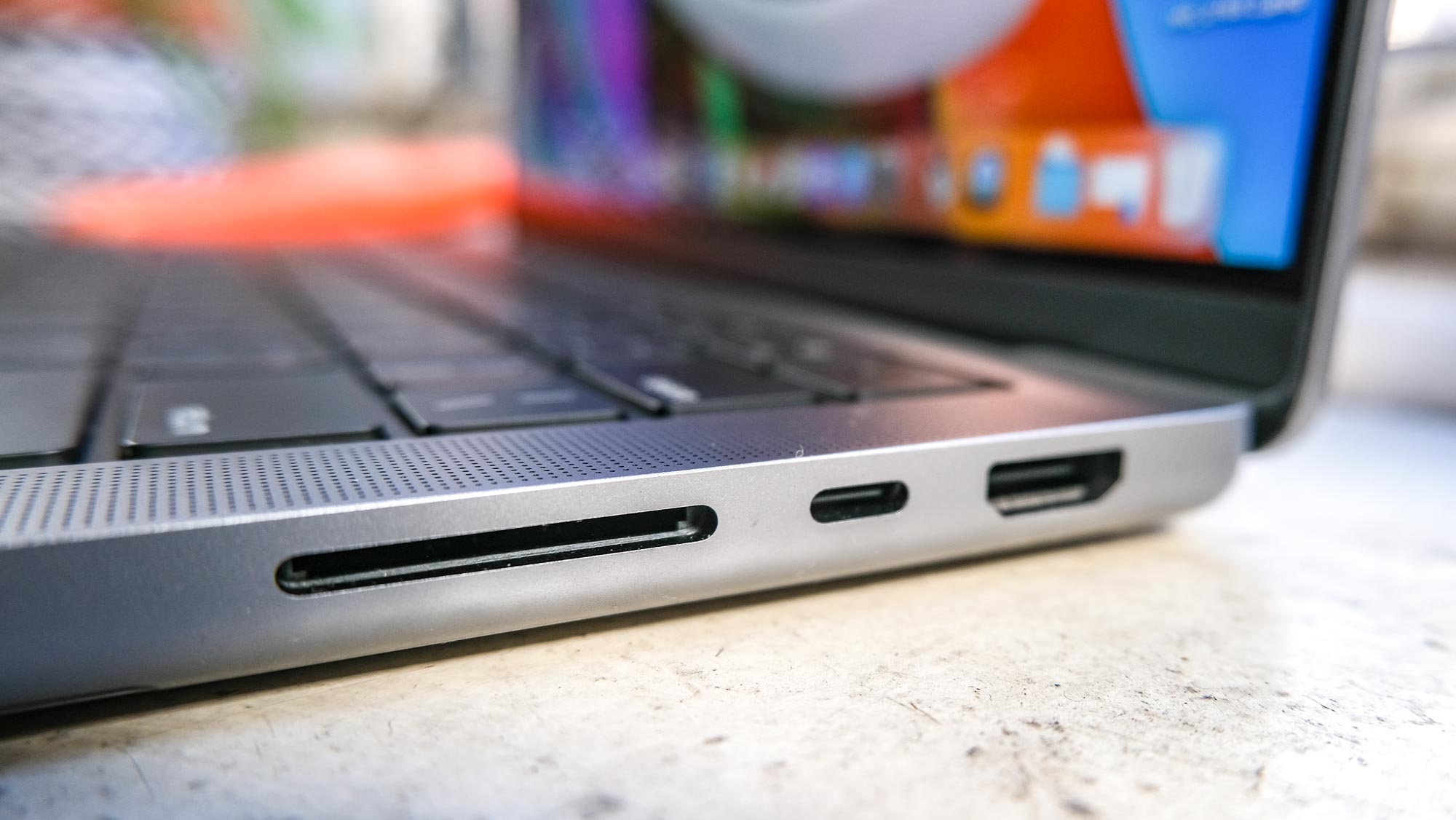 The MacBook Pro 2021 (14-inch)'s SD memory reader, third Thunderbolt 4 port and HDMI-out