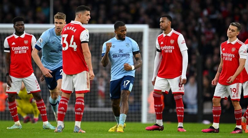 Brentford forward Ivan Toney celebrates after his goal is confirmed by VAR after a lengthy check in the Premier League game at Arsenal in February 2023.