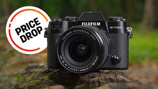 Fujifilm X-T50 camera in outdoor setting with 'price drop' graphic