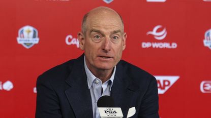 Team USA Ryder Cup captain Jim Furyk speaking with the media ahead of the 2026 PGA Championship at Aronimink