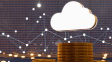A CGI visualization of a cloud and nodes, with giant gold coins beneath, to represent cloud costs.
