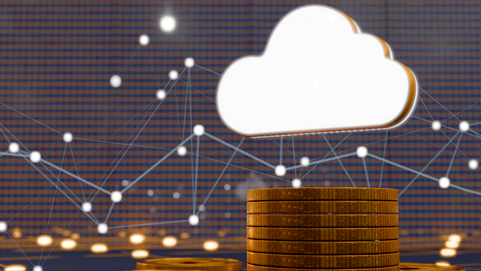 A CGI visualization of a cloud and nodes, with giant gold coins beneath, to represent cloud costs.