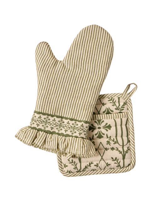 Magnolia Olive Pin Stripe Oven Mitt + Pot Holder Set