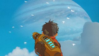 Boy facing blue sky with jupiter visible
