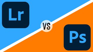 Lightroom vs Photoshop: logos of Lightroom and Photoshop on a blue and orange background 