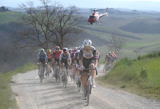 SIENA ITALY MARCH 08 Florian Vermeersch of Belgium and UAE Team EmiratesXRG leads the peloton during the 19th Strade Bianche 2025 Mens Elite a 213km one day race from Siena to Siena 320m UCIWT on March 08 2025 in Siena Italy Photo by Tim de WaeleGetty Images