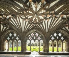 Majestic tracery details in Canterbury Cathedral's Gothic cloister in Canterbury, Kent. The cathedral is a UNESCO heritage site.