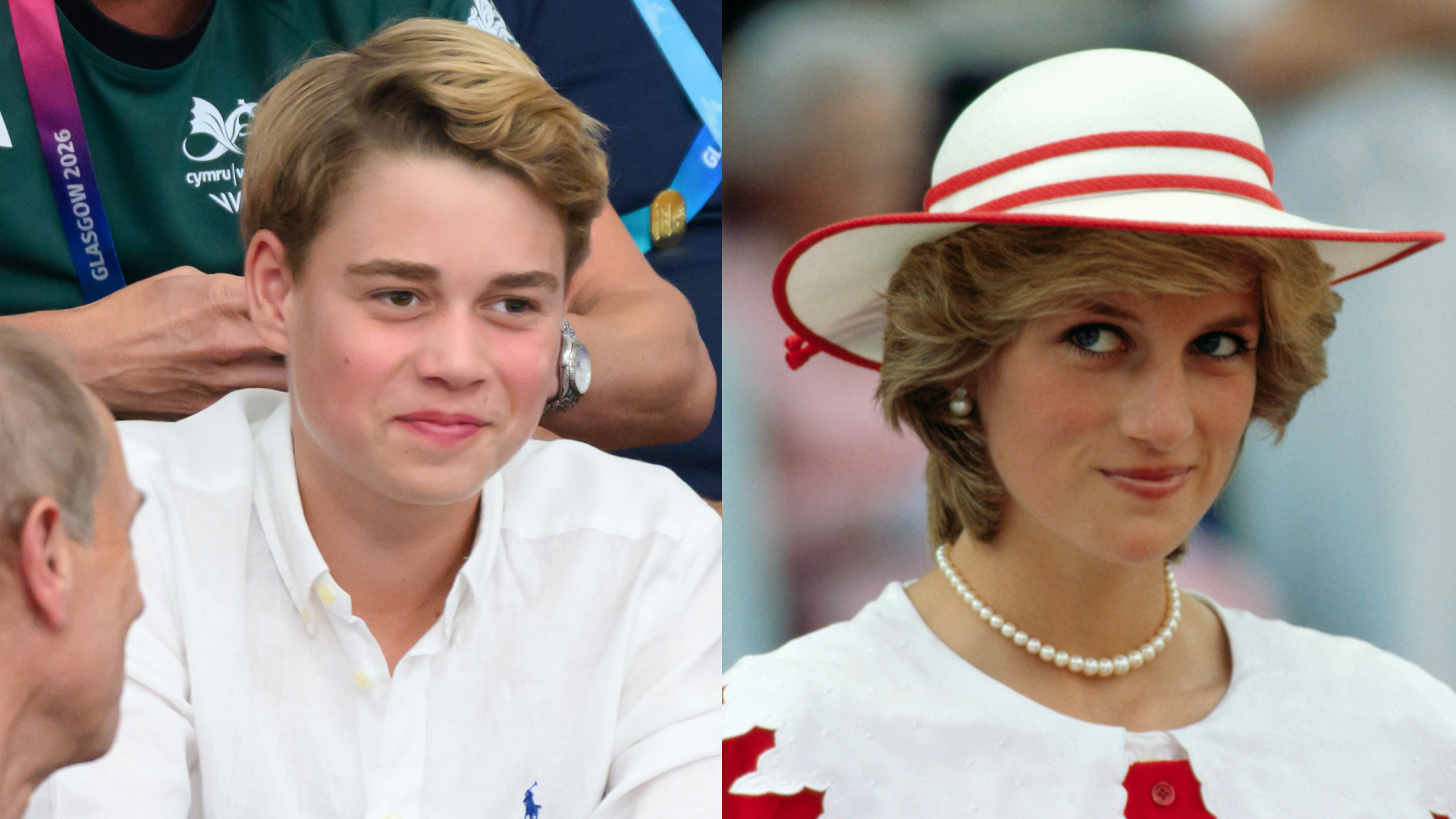A split of Prince George wearing a white shirt and Princess Diana in a white and red hat and dress 