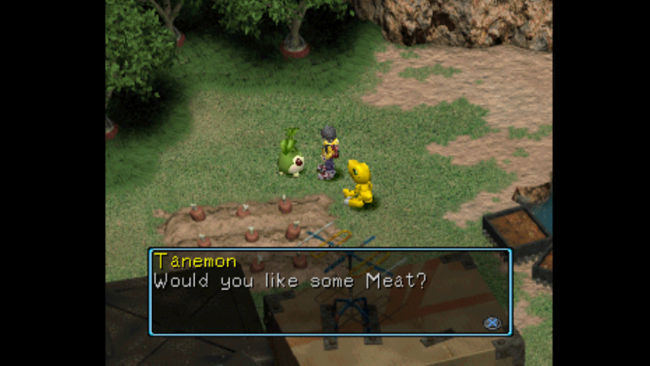 Tanemon asks the player and Agumon if they want some meat from a nearby farm that grows meat out of the ground