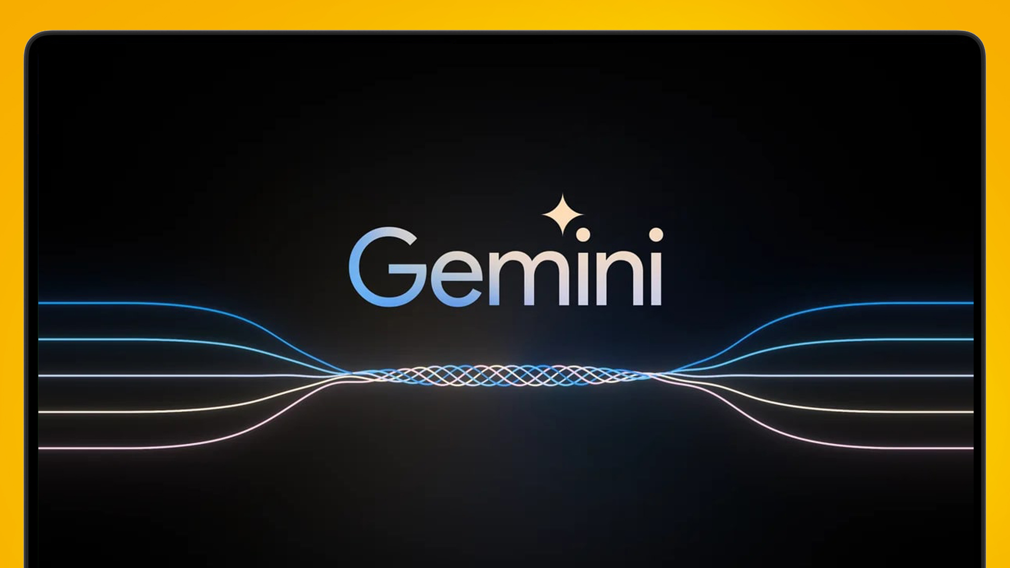 Логотип Google Gemini на экране ноутбука на оранжевом фоне