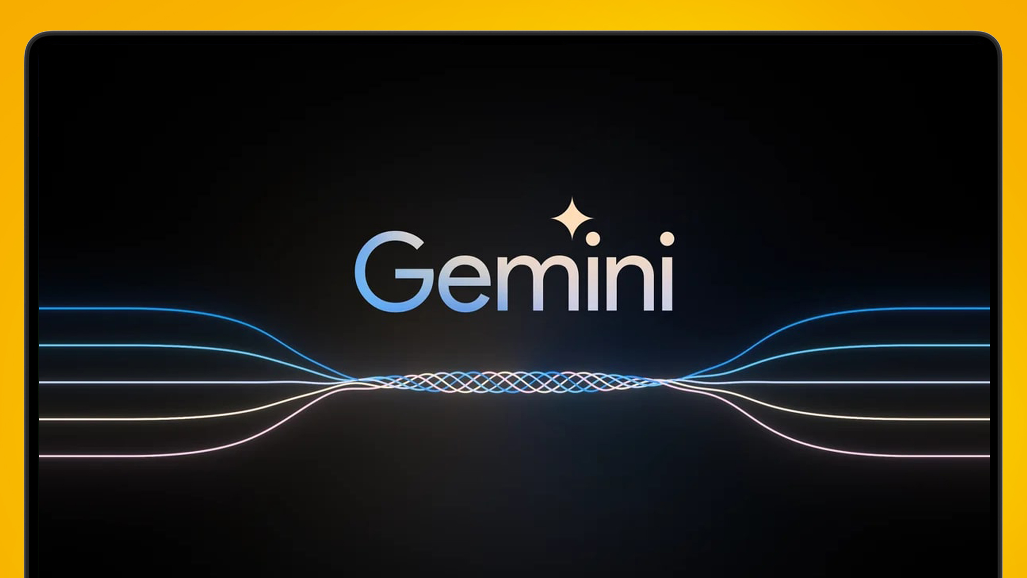 The Google Gemini logo on a pc conceal that is on an orange background