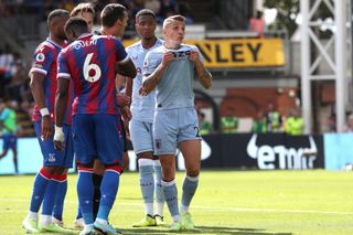 Lucas Digne of Aston Villa signals that his shirt had been pulled during the Premier League match between Crystal Palace and Aston Villa at Selhurst Park on August 20, 2022 in London, United Kingdom. (Photo by Mark Leech/Offside/Offside via Getty Images)