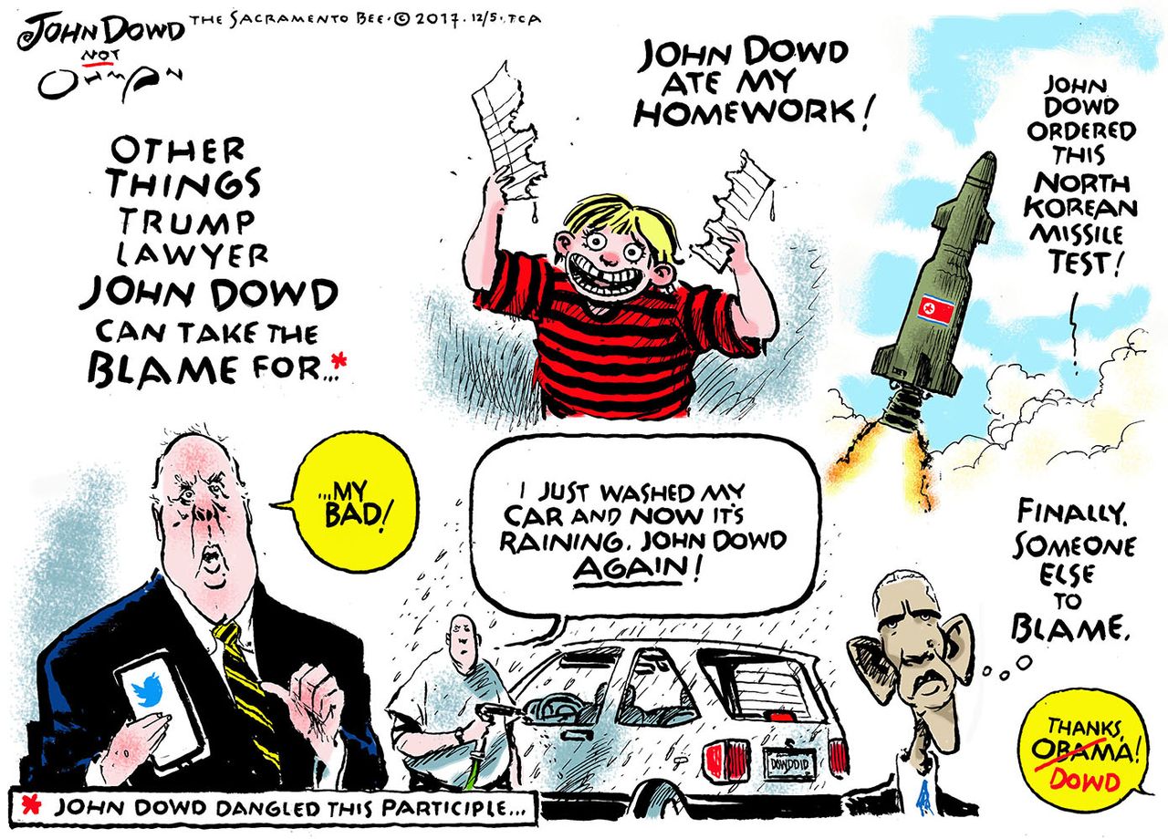 Political cartoon U.S. Trump tweets blame John Down