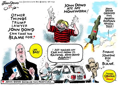 Political cartoon U.S. Trump tweets blame John Down