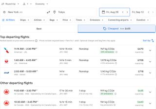 google flights comparting best and cheapest ticket tabs