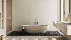 Warm white bathroom with stone freestanding bath