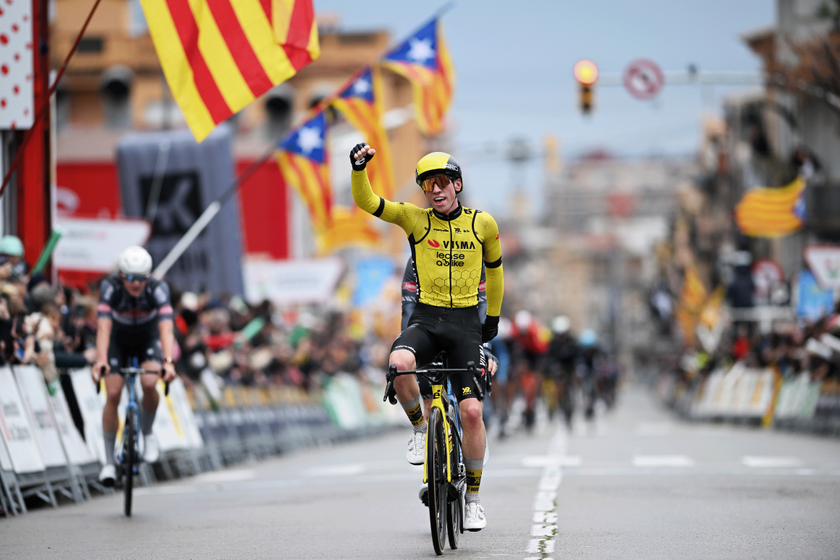 SANT FELIU DE GUIXOLS, SPAIN - MARCH 24: Matthew Brennan of Ireland and Team Visma | Lease A Bike celebrates at finish line as stage winner during the 104th Volta Ciclista a Catalunya 2025, Stage 1 a 178.6km stage from Sant Feliu de Guixols to Sant Feliu de Guixols / #UCIWT / on March 24, 2025 in Sant Feliu de Guixols, Spain. (Photo by Szymon Gruchalski/Getty Images)