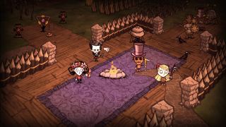 Don't Starve Together - four players stand together around a fire at the center of a fortified wooden enclosure