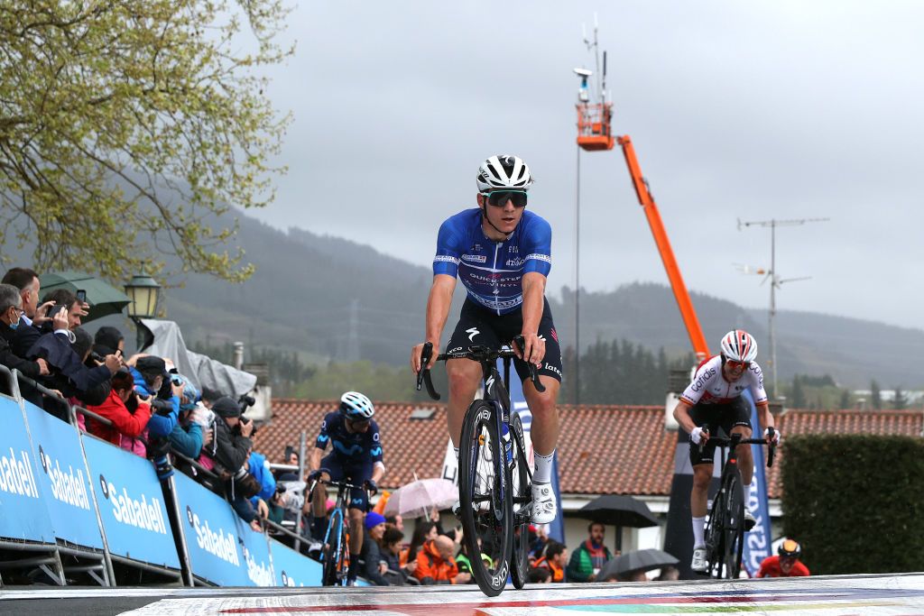 MALLABIA SPAIN APRIL 08 Remco Evenepoel of Belgium and Team QuickStep Alpha Vinyl Blue Best Young Rider Jersey crosses the finish line during the 61st Itzulia Basque Country 2022 Stage 5 a 1638km stage from Zamudio to Mallabia 305m itzulia WorldTour on April 08 2022 in Mallabia Spain Photo by Gonzalo Arroyo MorenoGetty Images