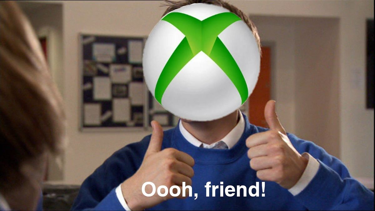 Simon from The Inbetweeners with Xbox symbol on his face, he holds thumbs up and says &quot;Oooh Friend!